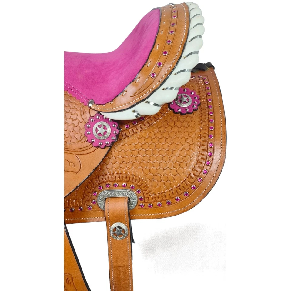 Western Barrel Racing Horse Saddle Pleasure Trail Floral Tooled Leather Rodeo Cowboy Tack Set - Image 4