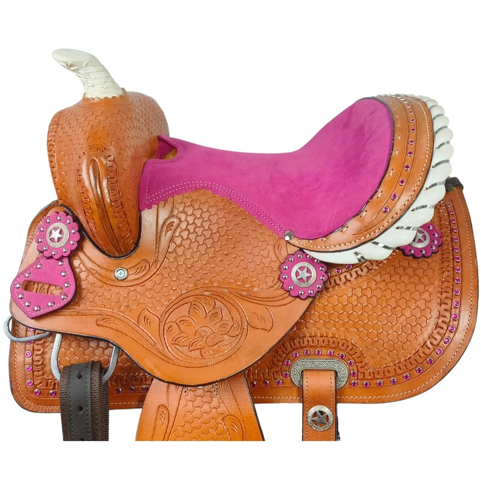 Western Barrel Racing Horse Saddle Pleasure Trail Floral Tooled Leather Rodeo Cowboy Tack Set - Image 5