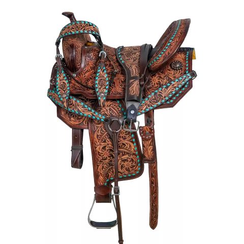 Western Barrel Racing Horse Saddle Pleasure Trail Floral Tooled Leather Rodeo Cowboy Tack Set