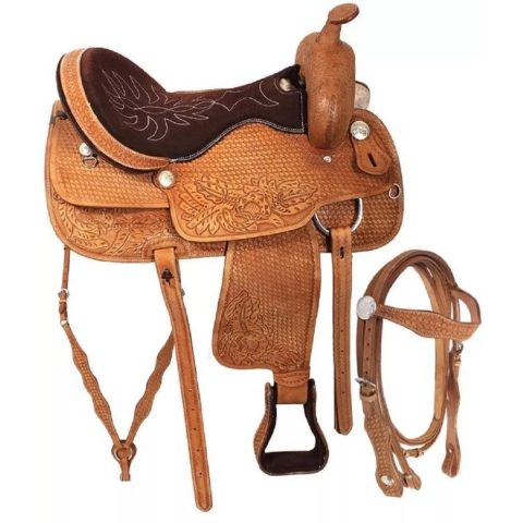 Western Barrel Racing Horse Saddle Pleasure Trail Floral Tooled Leather Rodeo Cowboy Tack Set
