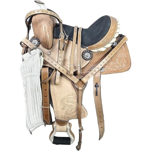 Western Barrel Racing Horse Saddle Pleasure Trail Floral Tooled Leather Rodeo Cowboy Tack Set