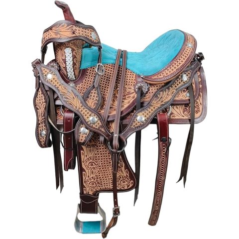 Western Barrel Racing Horse Saddle Pleasure Trail Floral Tooled Leather Rodeo Cowboy Tack Set
