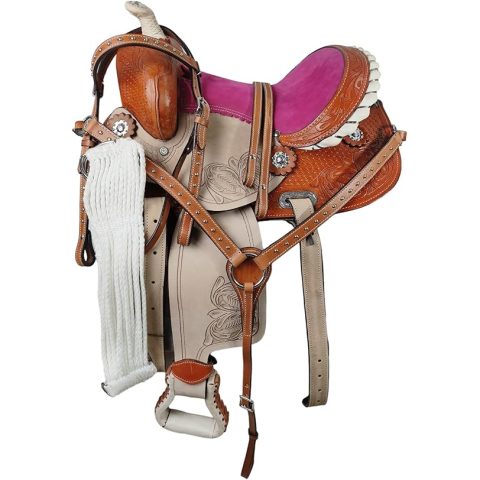 Western Barrel Racing Horse Saddle Pleasure Trail Floral Tooled Leather Rodeo Cowboy Tack Set