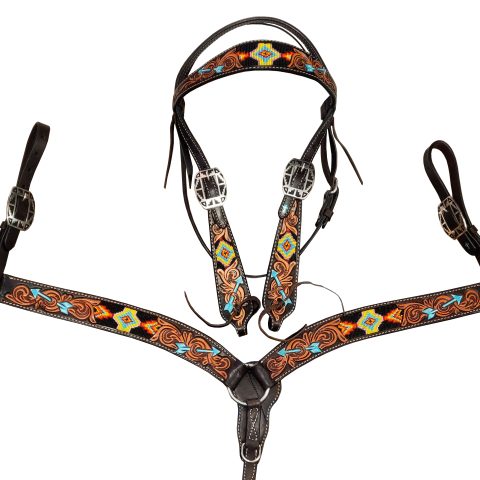 Western Saddle Horse Headstall Breast Collar Reins Tack Set