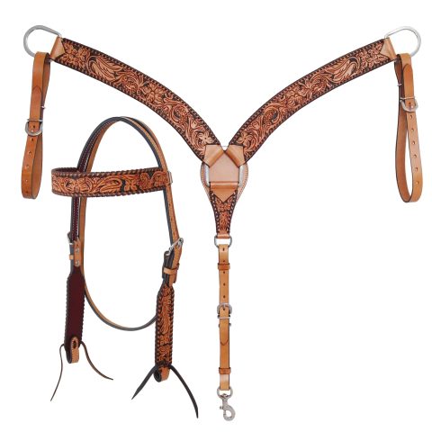 Western Saddle Horse Headstall Breast Collar Reins Tack Set
