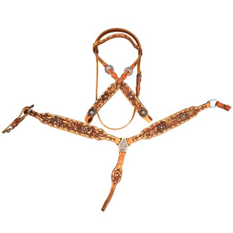 Western Saddle Horse Headstall Breast Collar Reins Tack Set